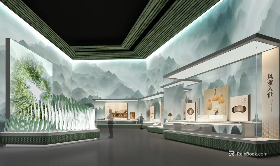 Elegant Traditional Exhibition Hall Featuring Landscape Murals Display Cabinets And Soft Lighting 3d model 