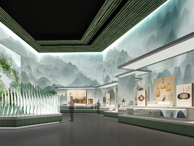 Elegant Traditional Exhibition Hall Featuring Landscape Murals Display Cabinets And Soft Lighting 3d model