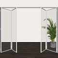 Transparent Glass Folding Door With White Frame Indoor Wooden Floor And Green Plant