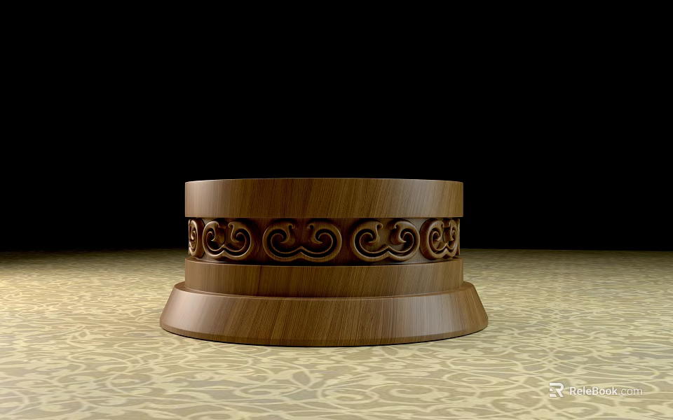 Ornate Carved Wooden Circular Base With Intricate Patterns On Textured Floor 3d model 