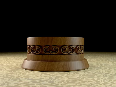 Ornate Carved Wooden Circular Base With Intricate Patterns On Textured Floor 3d model