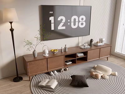 Modern Walnut TV Stand with Television Decorative Vase Fruit Bowl and Cozy Living Room Elements 3d model
