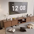 Modern Walnut TV Stand with Television Decorative Vase Fruit Bowl and Cozy Living Room Elements