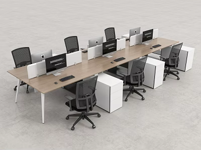 Modern Office Desk With Multiple Monitors Black Chairs And White Storage Cabinets 3d model