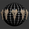 3D Model Sphere With Black Grid Surface And Golden Mask Like Ornaments