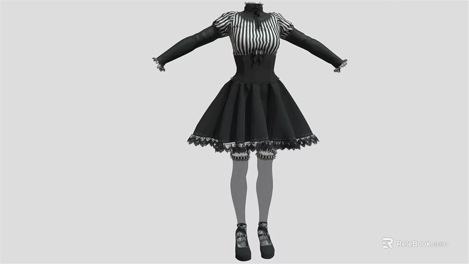 High Neck Black and White Striped Long Sleeve Dress with Lace Trim and Flared Skirt 3d model 