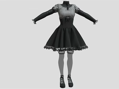 High Neck Black and White Striped Long Sleeve Dress with Lace Trim and Flared Skirt 3d model