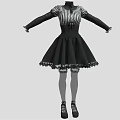 High Neck Black and White Striped Long Sleeve Dress with Lace Trim and Flared Skirt