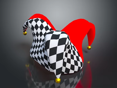 Commercial Equipment Jester Hat With Black And White Checkered Red Design And Gold Bells 3d model
