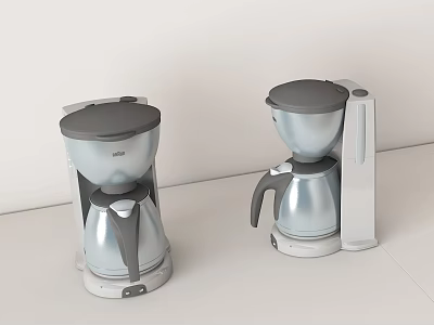 Two Silver Coffee Makers With Gray Lids On White Countertop For Daily Use 3d model