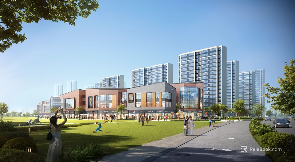 Vibrant Commercial Street With High Rise Buildings Low Rise Shops Green Lawn And Pedestrians 3d model 