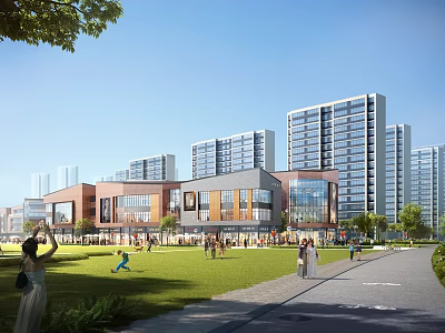 Vibrant Commercial Street With High Rise Buildings Low Rise Shops Green Lawn And Pedestrians 3d model