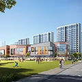 Vibrant Commercial Street With High Rise Buildings Low Rise Shops Green Lawn And Pedestrians