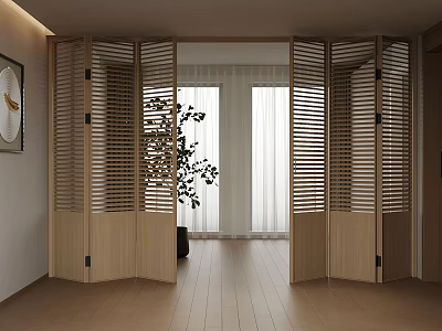 Natural Wooden Screen Divided Interior Space With Potted Plant And Windows 3d model