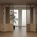 Natural Wooden Screen Divided Interior Space With Potted Plant And Windows