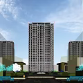 Modern High Rise Residential Building With Trees And Clear Blue Sky