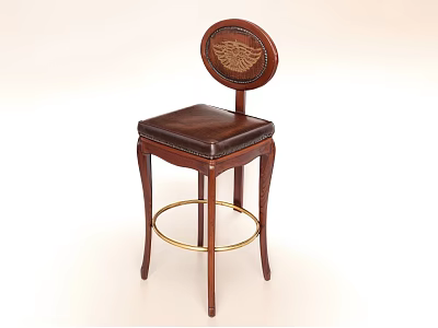 Wooden Leisure Bar Stool With Brown Leather Seat Round Carved Backrest And Golden Metal Ring 3d model