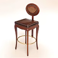 Wooden Leisure Bar Stool With Brown Leather Seat Round Carved Backrest And Golden Metal Ring