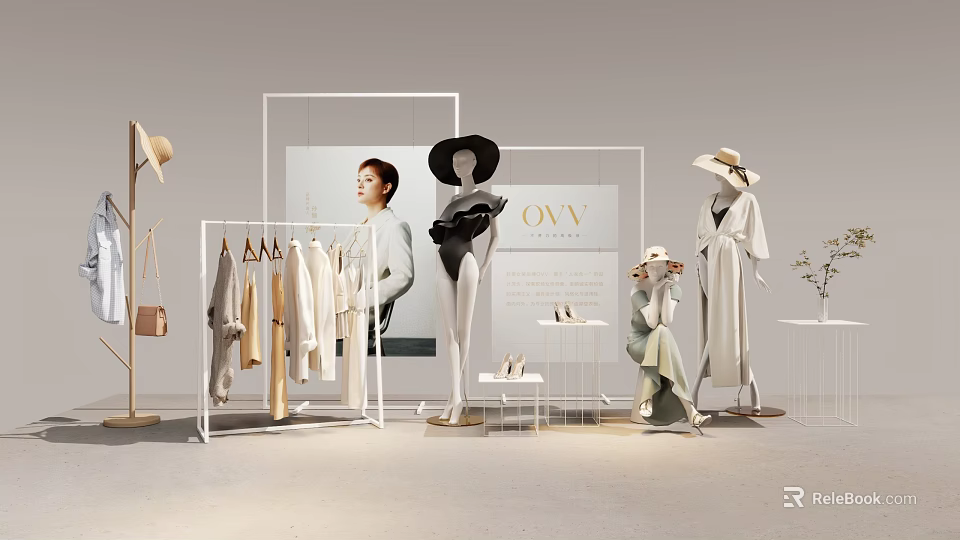 Elegant OVV Clothing Store Display With Mannequins Dresses Hats Bags And Accessories 3d model 