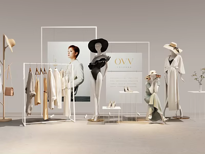 Elegant OVV Clothing Store Display With Mannequins Dresses Hats Bags And Accessories 3d model