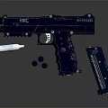 Detailed Blue Pistol With Disassembled Magazine Bullets And Grip Components