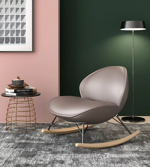 Modern Gray Leisure Chair With Curved Design Metal Legs Side Table Books And Floor Lamp 3d model 