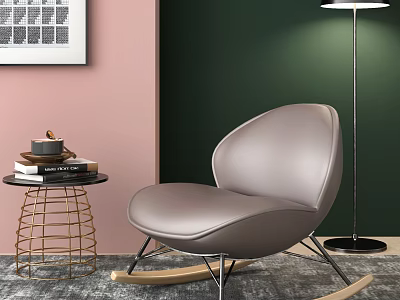 Modern Gray Leisure Chair With Curved Design Metal Legs Side Table Books And Floor Lamp 3d model