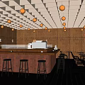 Modern Restaurant Interior With Wooden Walls Round Pendant Lights Bar Counter And High Stools