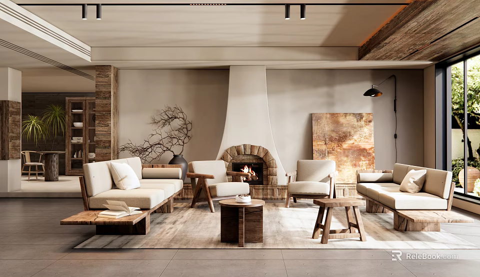 Minimalist Living Room Interior With Fireplace Sofa Armchairs And Decorative Painting 3d model 