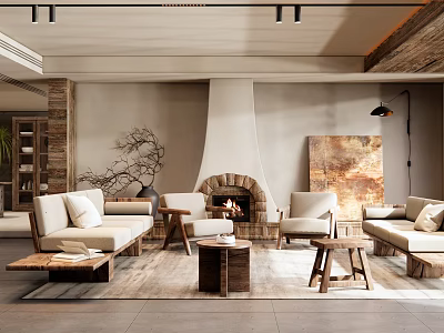Minimalist Living Room Interior With Fireplace Sofa Armchairs And Decorative Painting 3d model