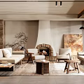 Minimalist Living Room Interior With Fireplace Sofa Armchairs And Decorative Painting