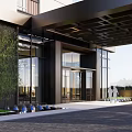 Modern Commercial Landscape With Glass Building Green Lawn Trees And Water Feature