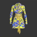 Vibrant Long Sleeve Yellow Blue Printed Coat With Waist Belt And Fringe Detail