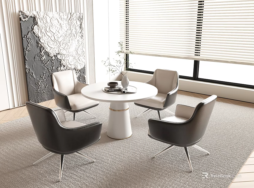 Modern Dining Table And Chair Set With Round White Table Leather Chairs Abstract Painting And Window Blinds 3d model 
