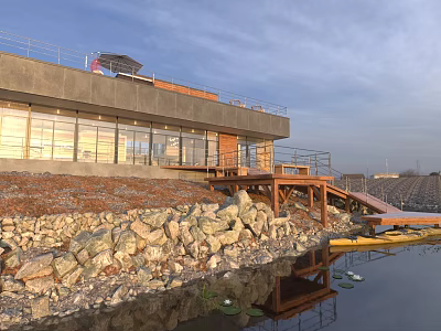 Detached Villa With Large Glass Windows Roof Terrace And Rocky Waterfront Reflection 3d model