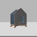 House Shaped Pet House With Gray And Blue Design Wooden Legs And Circular Entrance