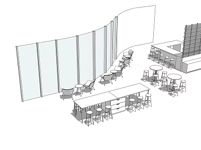 Modern Bar Counter Design With Bar Stools Tables And Partition Screens 3d model