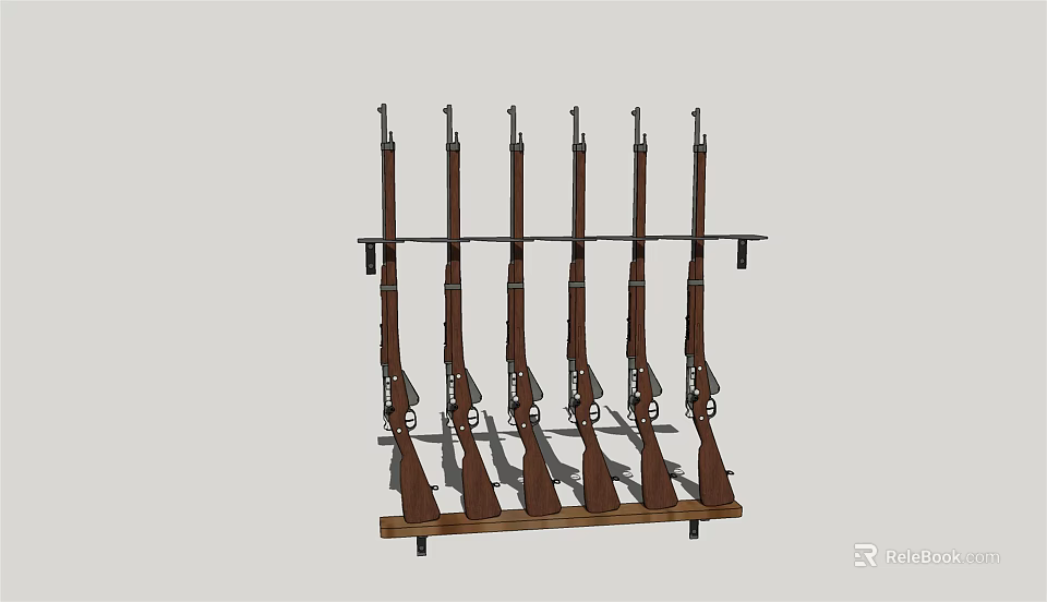Wooden Weapons Display Rack Holding Multiple Rifles Arranged In A Row 3d model