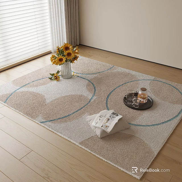 Square Beige Light Blue Circular Pattern Rug With Sunflower Vase Tray And Newspaper 3d model 