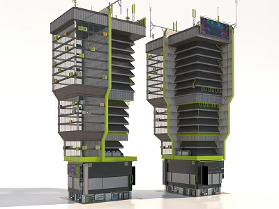 Twin Cartoon Skyscrapers With Modern Green Accents And Multi Layered Structure 3d model