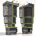Twin Cartoon Skyscrapers With Modern Green Accents And Multi Layered Structure