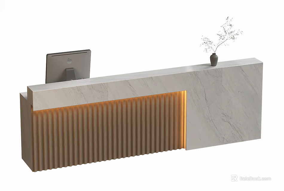 Modern Reception Desk With Marble Countertop Vertical Stripes Lighting Computer Monitor And Small Plant 3d model 