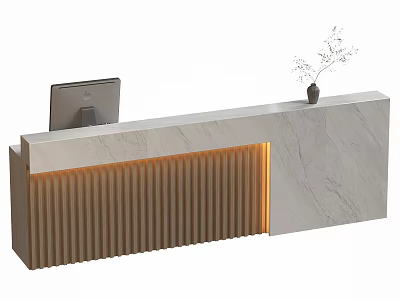 Modern Reception Desk With Marble Countertop Vertical Stripes Lighting Computer Monitor And Small Plant 3d model