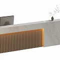 Modern Reception Desk With Marble Countertop Vertical Stripes Lighting Computer Monitor And Small Plant