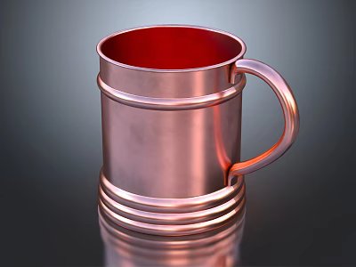Copper Mug With Red Interior And Ringed Design On Reflective Surface 3d model