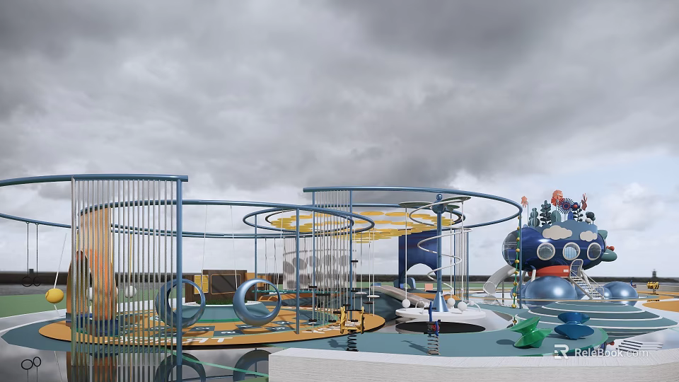Outdoor Playground Equipment With Blue Yellow Metal Fences Circular Structures Spherical Installations And Green Sculptures 3d model 