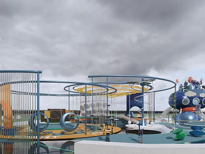 Outdoor Playground Equipment With Blue Yellow Metal Fences Circular Structures Spherical Installations And Green Sculptures 3d model