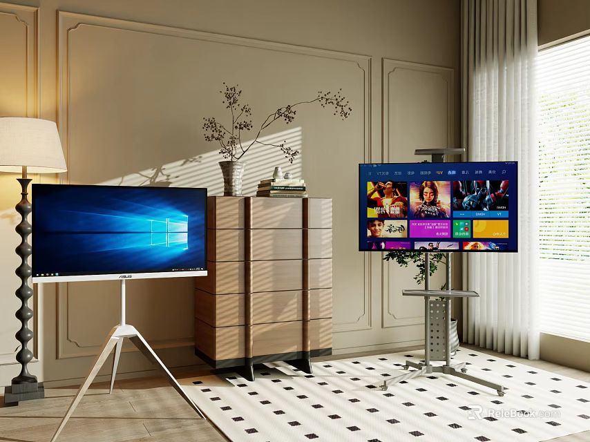Modern Smart TV On Floor Stand In Stylish Living Room With Wooden Cabinet 3d model 