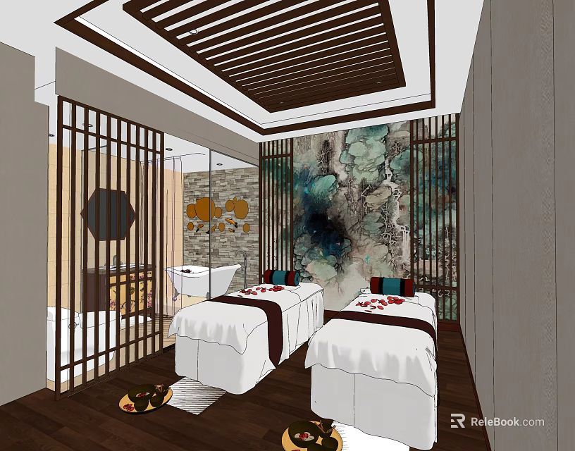 SPA Sauna Interior With Striped Wooden Ceiling Two Massage Beds Artistic Wall Decor 3d model 