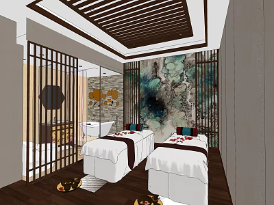 SPA Sauna Interior With Striped Wooden Ceiling Two Massage Beds Artistic Wall Decor 3d model